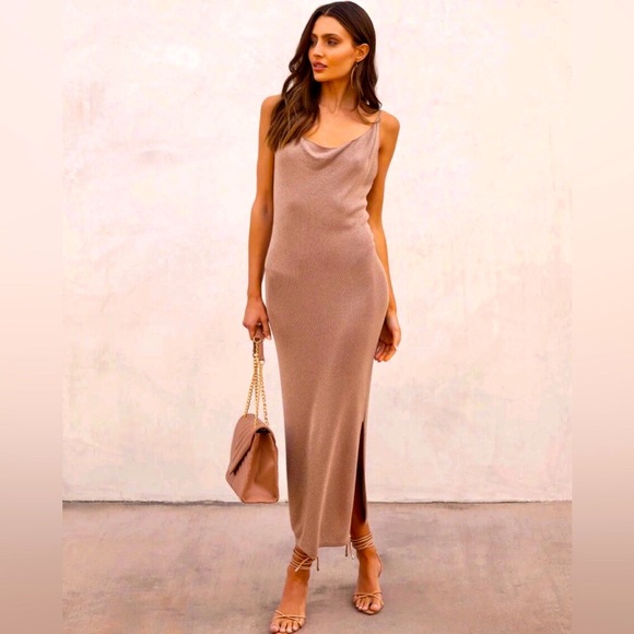 Vici shimmer taupe long dress Drape cowl neckline NEW SALE Re $69 *See matching - Picture 6 of 12